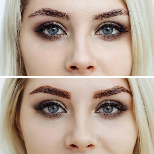 Foto jämförelse före och efter permanent makeup, tatuering av ögonbryn — Stockfoto