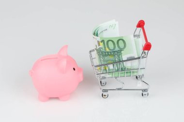 Pembe domuzcuk tarzı para kutusu, euro banknotları ve gri arka planda mini alışveriş arabası.