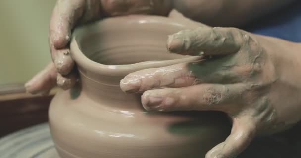 Woman Hands Pottery Wheel Potter Work Craftsman Artist Shapes Pot — ストック動画