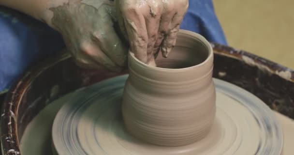 Woman Hands Pottery Wheel Potter Work Craftsman Artist Shapes Pot — Stock Video