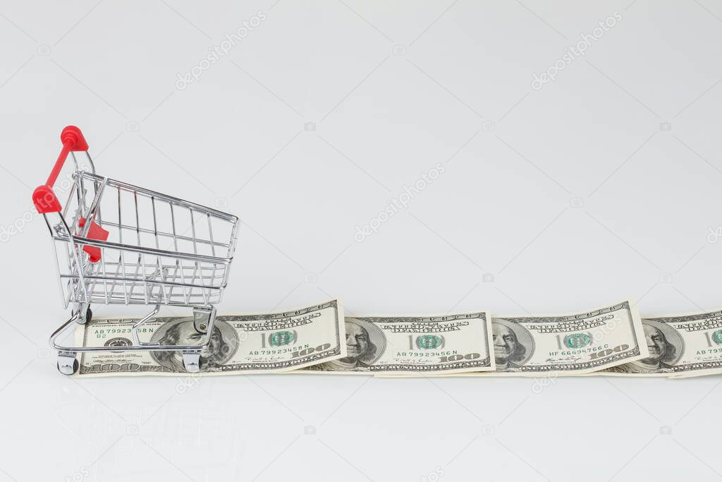 Mini shopping cart on road of dollar banknotes, financial crisis concept