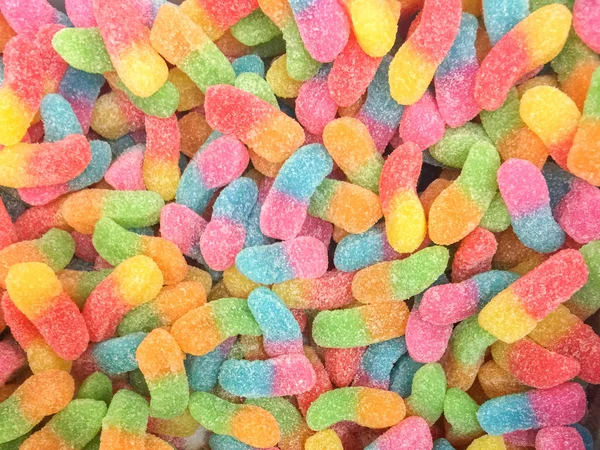 Kelompok Jelly Candy Bonbon snack yang berwarna. Manis untuk latar belakang hari valentine. warna pastel dalam biru hijau kuning merah muda oranye . — Stok Foto