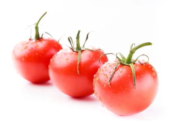 Drei reife Tomaten mit grünen Stielen — Stockfoto