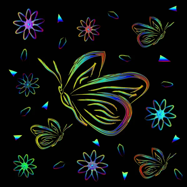 Greeting card with flowers and butterflies in neon. — Stock Vector