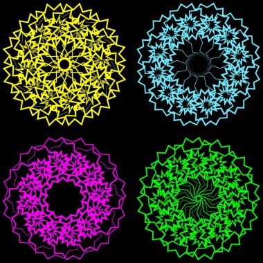 Guillochlu ve farklı renklerde spirographs.