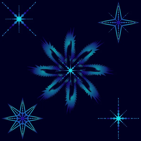 Blauwe sneeuwvlokken, ijspegels en sterren. — Stockvector