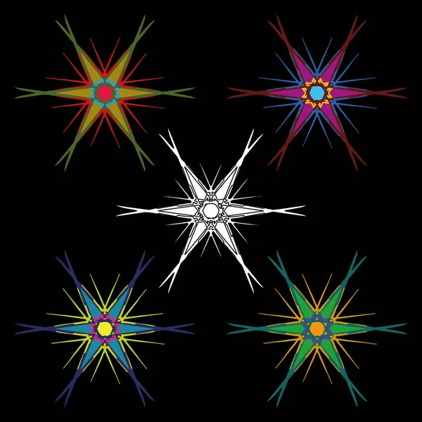 Un conjunto de estrellas coloridas hexagonales con extremos largos . — Vector de stock