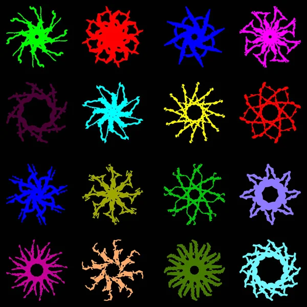 Conjunto vectorial de adornos circulares simétricos de colores brillantes fo — Vector de stock