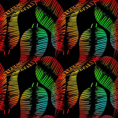 Neon tüyler ve yaprakları siyah bir arka plan üzerinde vektör desen