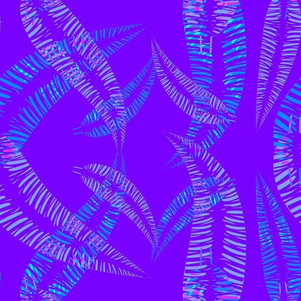 Modello vettoriale di piume e foglie blu e blu su una b lilla — Vettoriale Stock