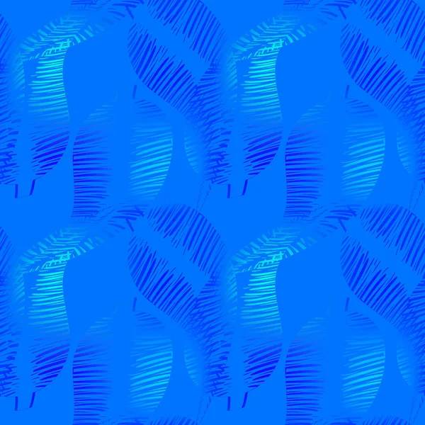 Vector pattern of neon feathers and leaves on a blue background. — Stock Vector
