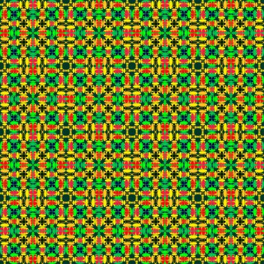 Kesişen portakal kareleri ve kırmızı kıvrımlı hardal karoları.