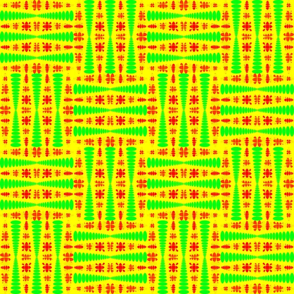Φωτεινά κίτρινα πλακάκια τεμνουσών πράσινων τετραγώνων και κόκκινων σγουρών — Διανυσματικό Αρχείο