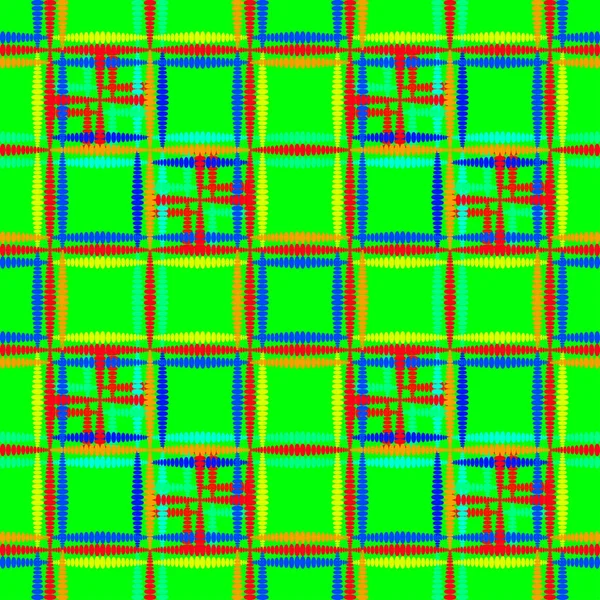 Orientalisches Muster aus Neon-Quadraten und lockigen Kreuzen auf grünem Ba — Stockvektor