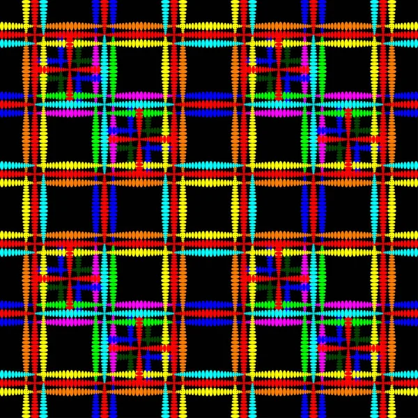 Восточный узор из радужных квадратов и кудрявых крестов на черном — стоковый вектор