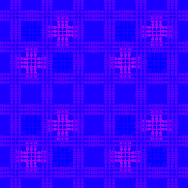 Orientalisches Muster aus lila Quadraten und lockigen Kreuzen auf blauem b — Stockvektor
