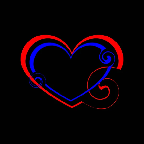 Doble corazón hecho de líneas azules y rizos rojos en estilo vintage . — Vector de stock