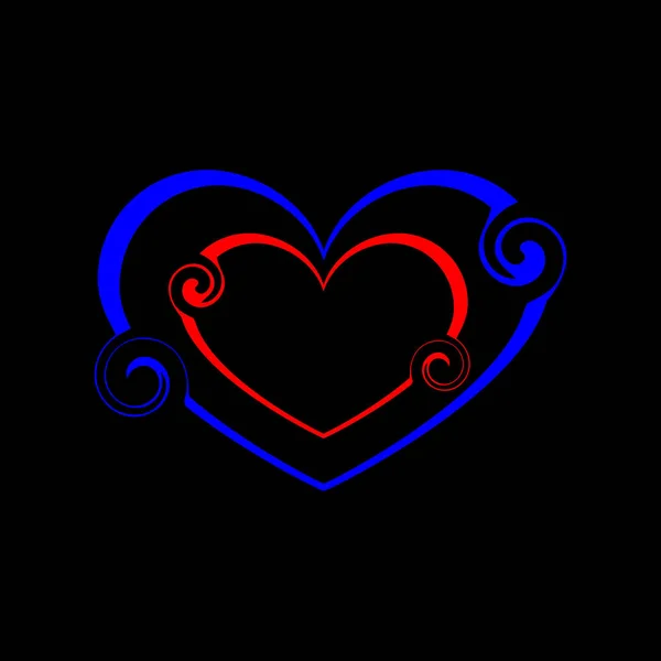Dvojité srdce z červených linií a modrých kadeří ve stylu vintage. — Stockový vektor