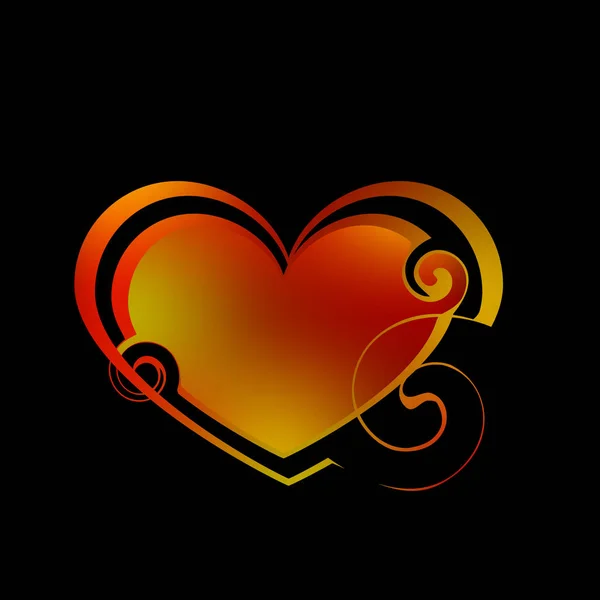 Подвійне серце з жовтих ліній і червоних завитків в вінтажному стилі — стоковий вектор