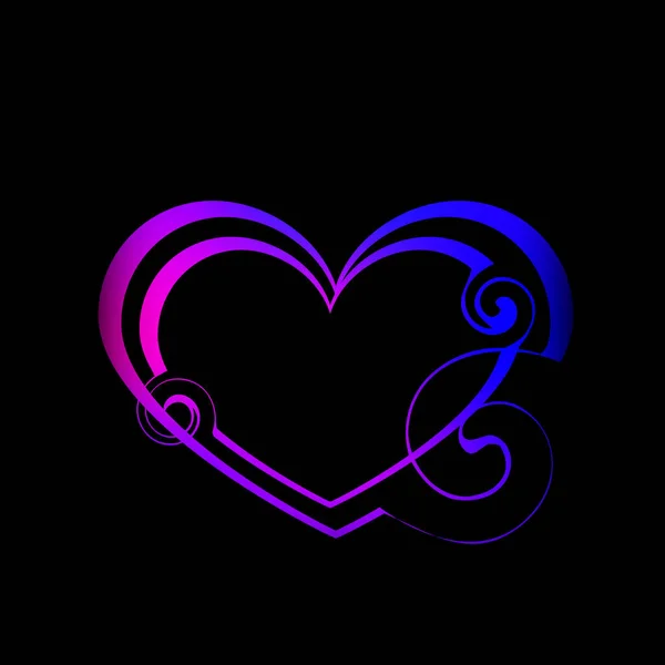 Hati ganda yang terbuat dari garis ungu dan keriting biru di styl vintage - Stok Vektor