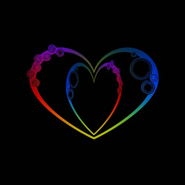 Dubbele hart gemaakt van regenboog spiralen en neon monogrammen in vinta — Stockvector