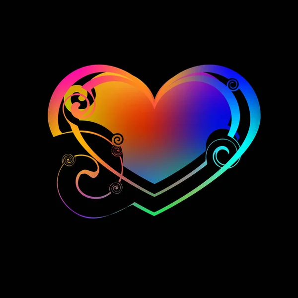 Gracieus hart gemaakt van neon spiralen en regenboog monogrammen in vin — Stockvector