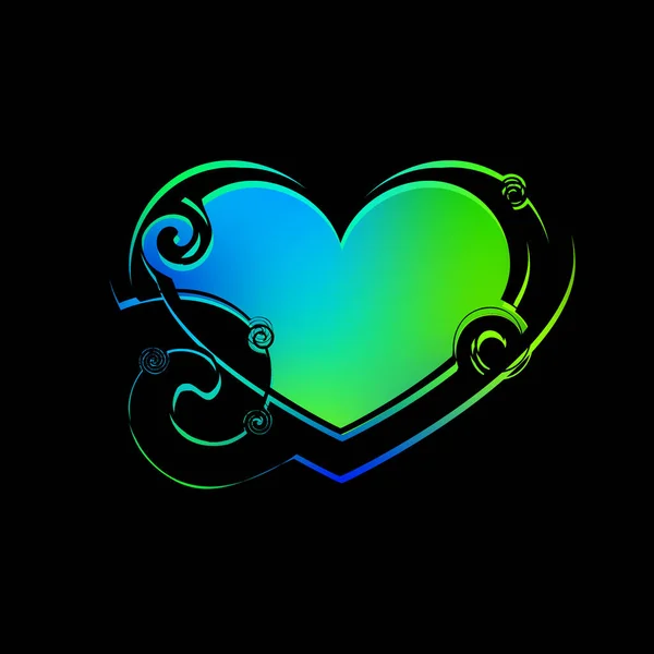 Gracieus hart gemaakt van groene spiralen en blauwe monogrammen in vinta — Stockvector