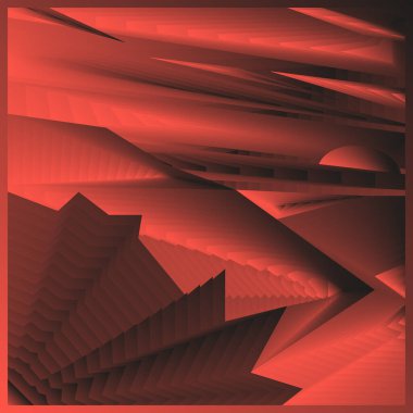 Şekillendirilmiş dağları, denizi ve kızıl güneşi olan tuhaf bir manzara. Güneş ve Deniz dağları desen ve şablon dokusuyla