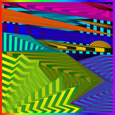 Süslü, sarı dağları, denizi ve güneşi olan neon bir arazi. Güneş ve Deniz dağları desen ve şablon dokusuyla