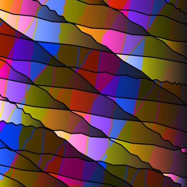 Kavisli sarı kıvrımlı, aynalı renkli kurdeleler ve koyu çizgiler. Modern iş tarzı için soyut dijital fraktal doku ve yarım ton etkisi