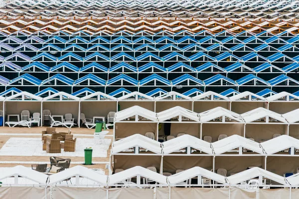 Empty tents in a seaside resort on a beach in Mar del Plata, Argentina