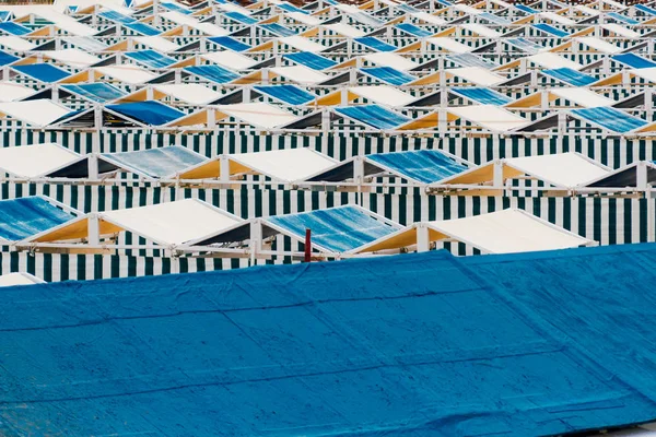 Empty tents in a seaside resort on a beach in Mar del Plata, Arg