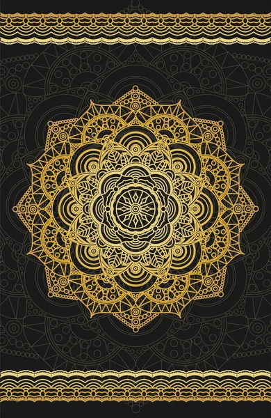Siyah zemin üzerine altın mandala. Etnik vintage desen. Mandala meditasyon poster. Tibet, Tayland, Asya motifleri.