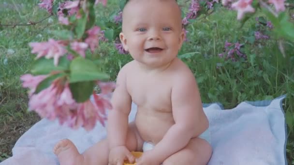 Ένα ευτυχισμένο μωρό τρώει ένα πορτοκάλι στη φύση . — Αρχείο Βίντεο
