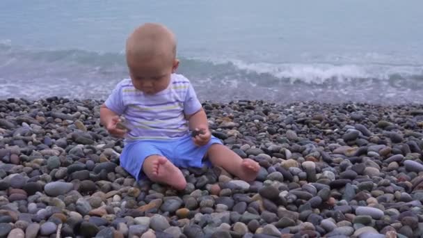 Małe dziecko bawi się kamienie na naturalnym kamienistej plaży — Wideo stockowe