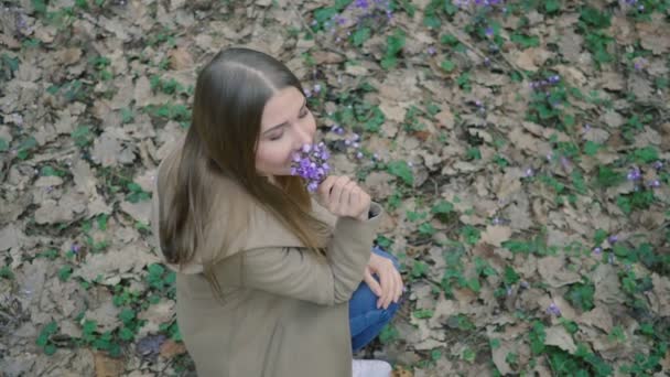 Hermosa joven recoge flores silvestres en el bosque — Vídeos de Stock