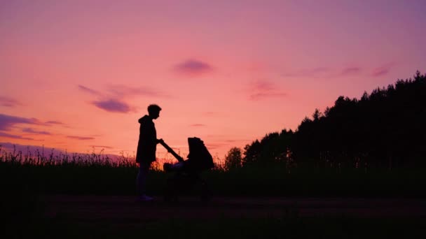 Μια νεαρή μητέρα βόλτες με ένα καρότσι κοντά στο πεδίο της ελαιοκράμβης στο ηλιοβασίλεμα. — Αρχείο Βίντεο