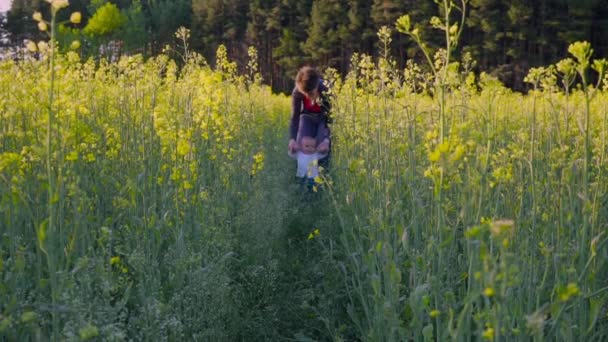 Baby leren lopen in een veld met koolzaad — Stockvideo
