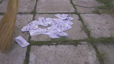 Süpürge dolar çöpe süpürür.