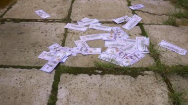 Süpürge kaldırım arka plan üzerinde çöp Kepçe dolar piyango