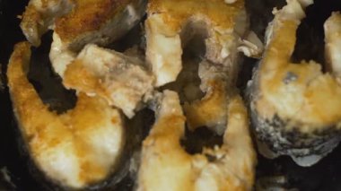 Tavada kızarmış balık biftek. Büyük pike balık bir tavada kızartma.