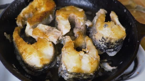 Bifes de peixe fritos na panela. Frite o grande peixe de lúcio em uma panela de ato de fritar . — Vídeo de Stock