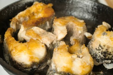 Tavada kızarmış balık biftek. Büyük pike balık bir tavada kızartma.