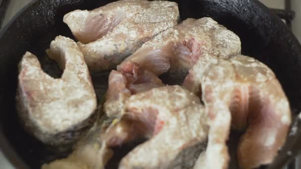 Gebakken vis steaks van de pan. Grote snoek vissen in een koekenpan bakken. — Stockvideo