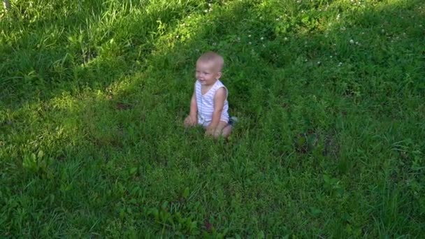 Ребенок сидит в траве. — стоковое видео