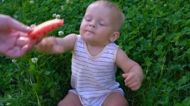 çocuk oturma ve bir karpuz yeme