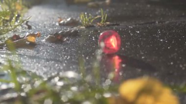 Kırmızı zar yavaş çekimde bir betonarme döşeme üzerinde haddeleme