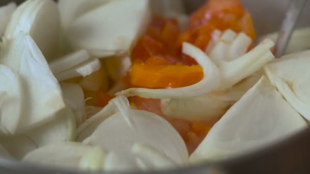 Hagymát és a sárgarépát lassú mozgás — Stock videók