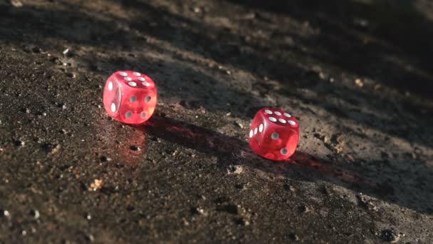 Dés rouges roulant sur une dalle de béton au ralenti — Video