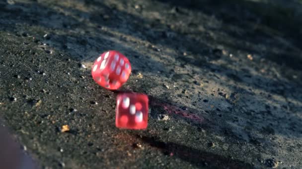 Les dés rouges tombent sur une dalle de béton au ralenti — Video